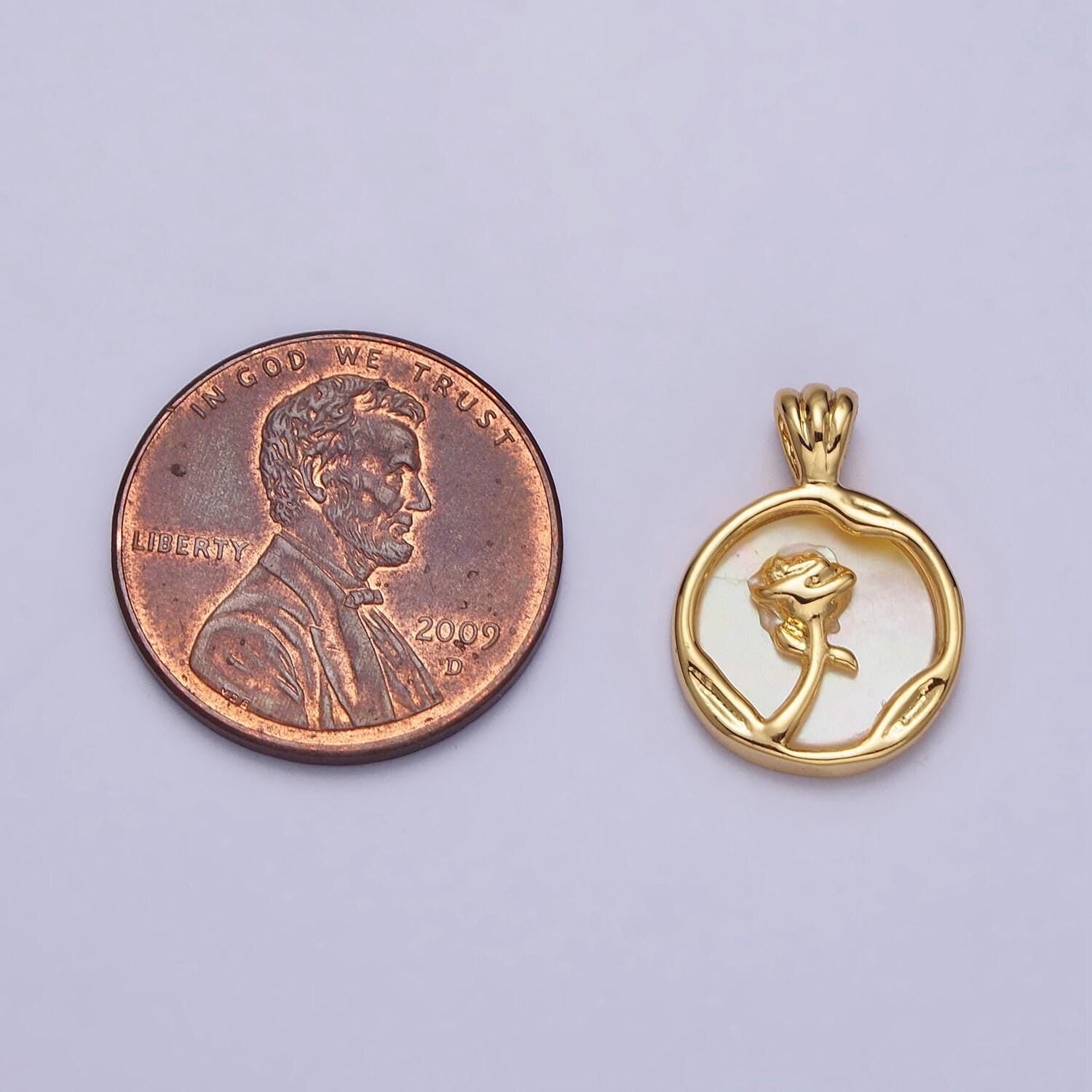 Dainty gold rose flower shell pearl coin pendant gold medallion charm | aa095
