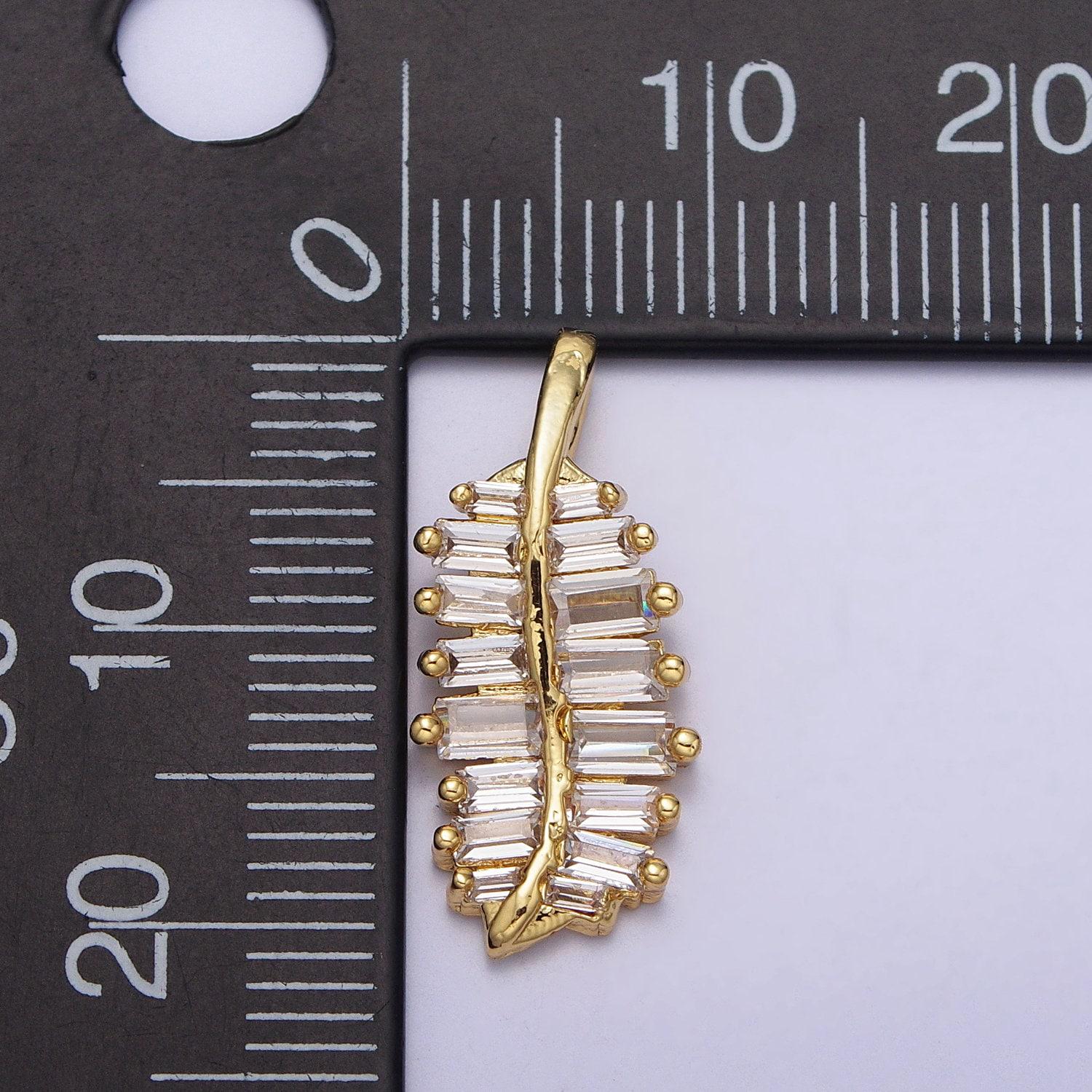 Mini feather charms, baguette feather charms, gold cz leaf feather for necklace bracelet component aa-087