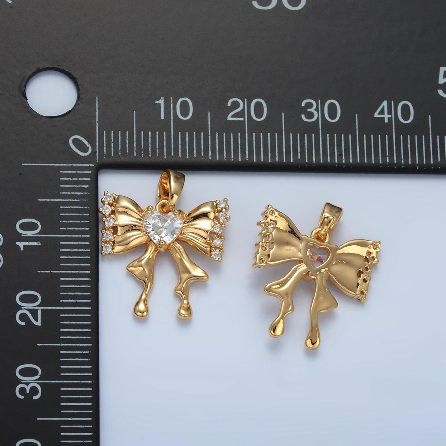 Heart cz on molten ribbon bow 24k gold filled bow pendant | aa-073