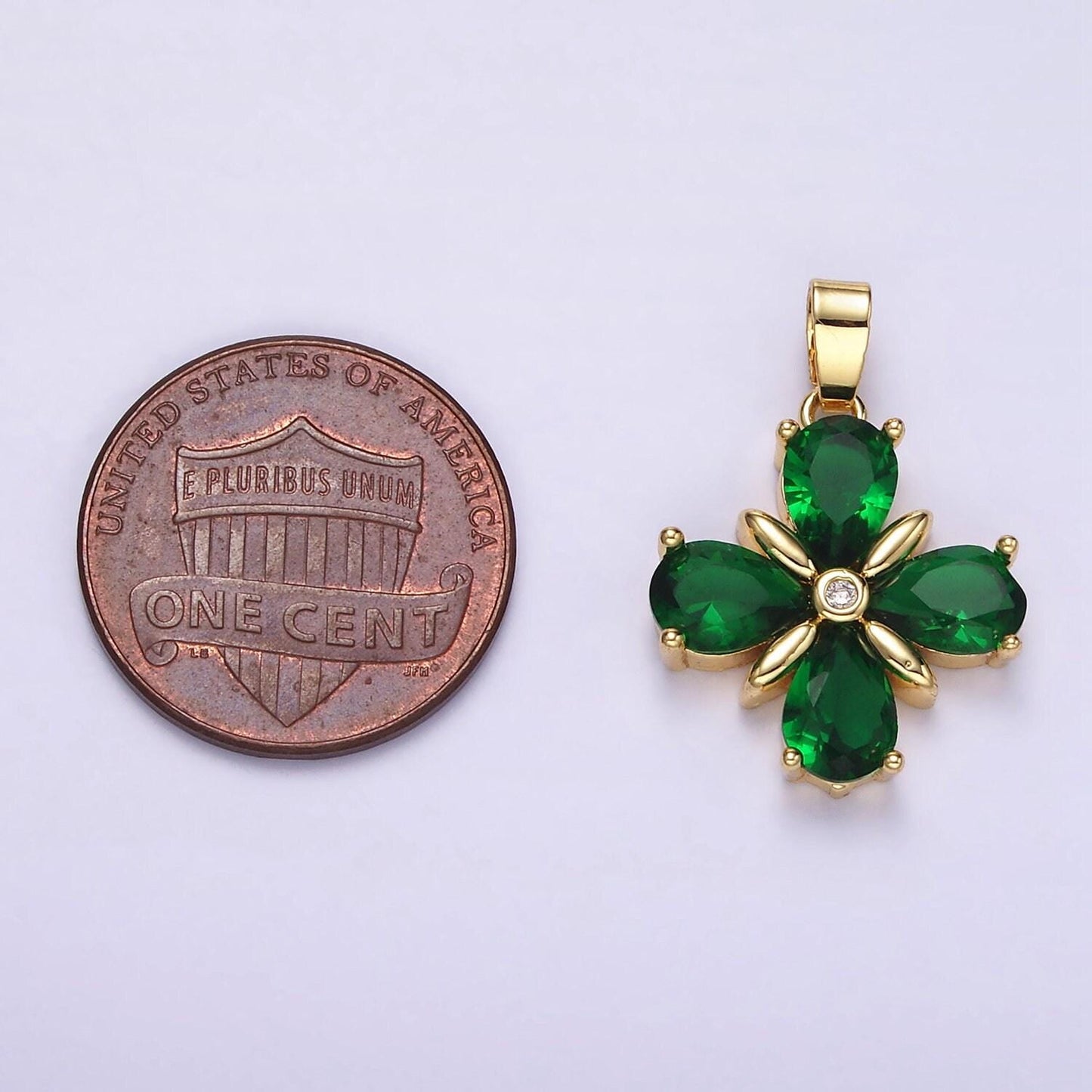Gold cz dark green flower pendant, 14k gold filled floral green charm pendant jewelry making supply | aa059