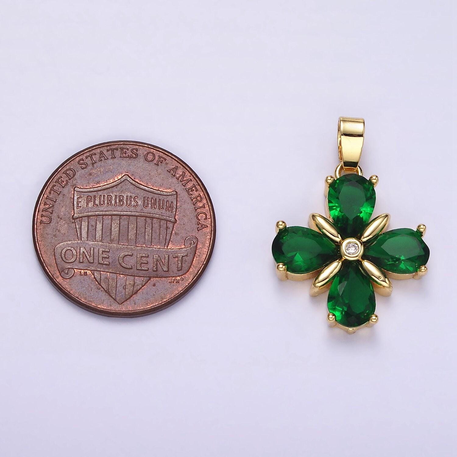 Gold cz dark green flower pendant, 14k gold filled floral green charm pendant jewelry making supply | aa059