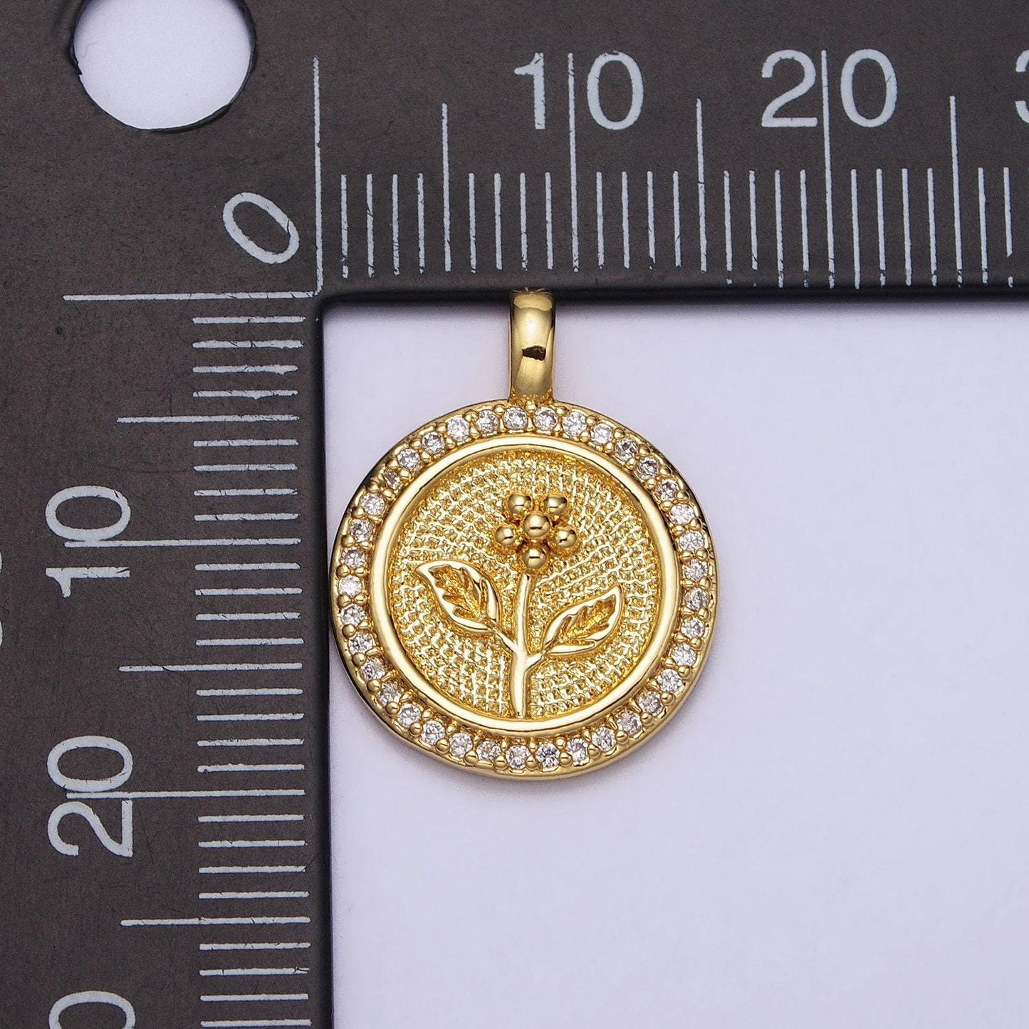 Gold flower charms medallion flower pendants, gold round flower charm cubic zirconia coin charm aa026