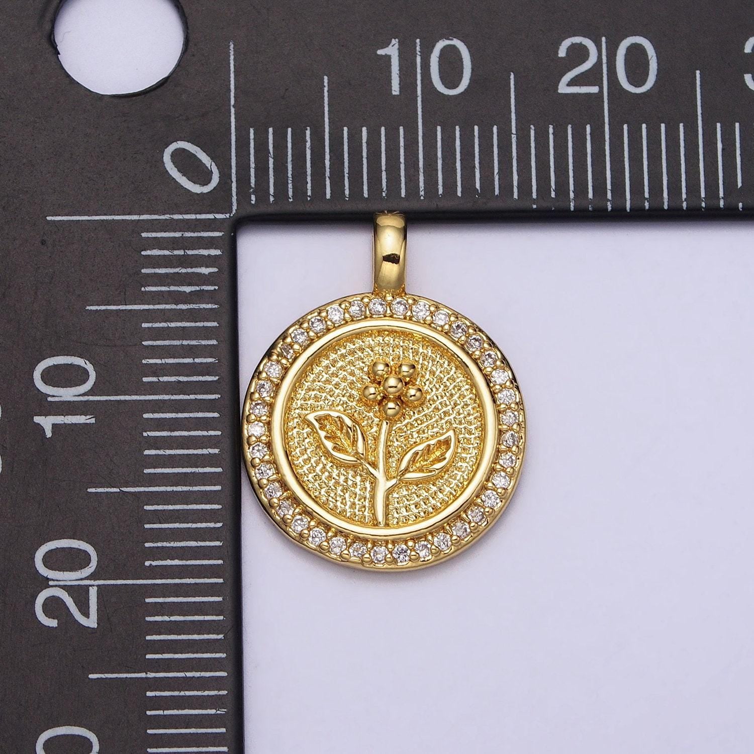 Gold flower charms medallion flower pendants, gold round flower charm cubic zirconia coin charm aa026