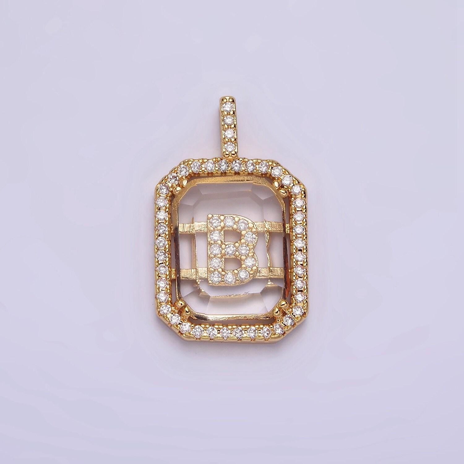 16k gold filled initial tag letter charm alphabet letter clear glass micro pave tile charm pendant for personalized necklace jewelry making