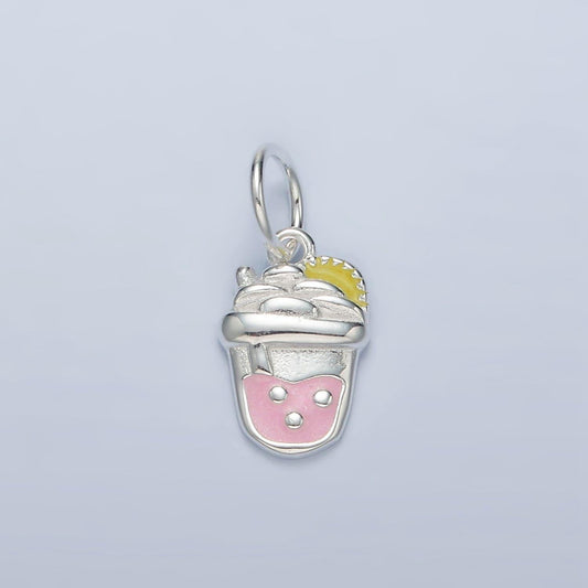 Sterling silver bubble boba drink pink enamel charm strawberry milk tea inspired asian kawaii charm | sl504