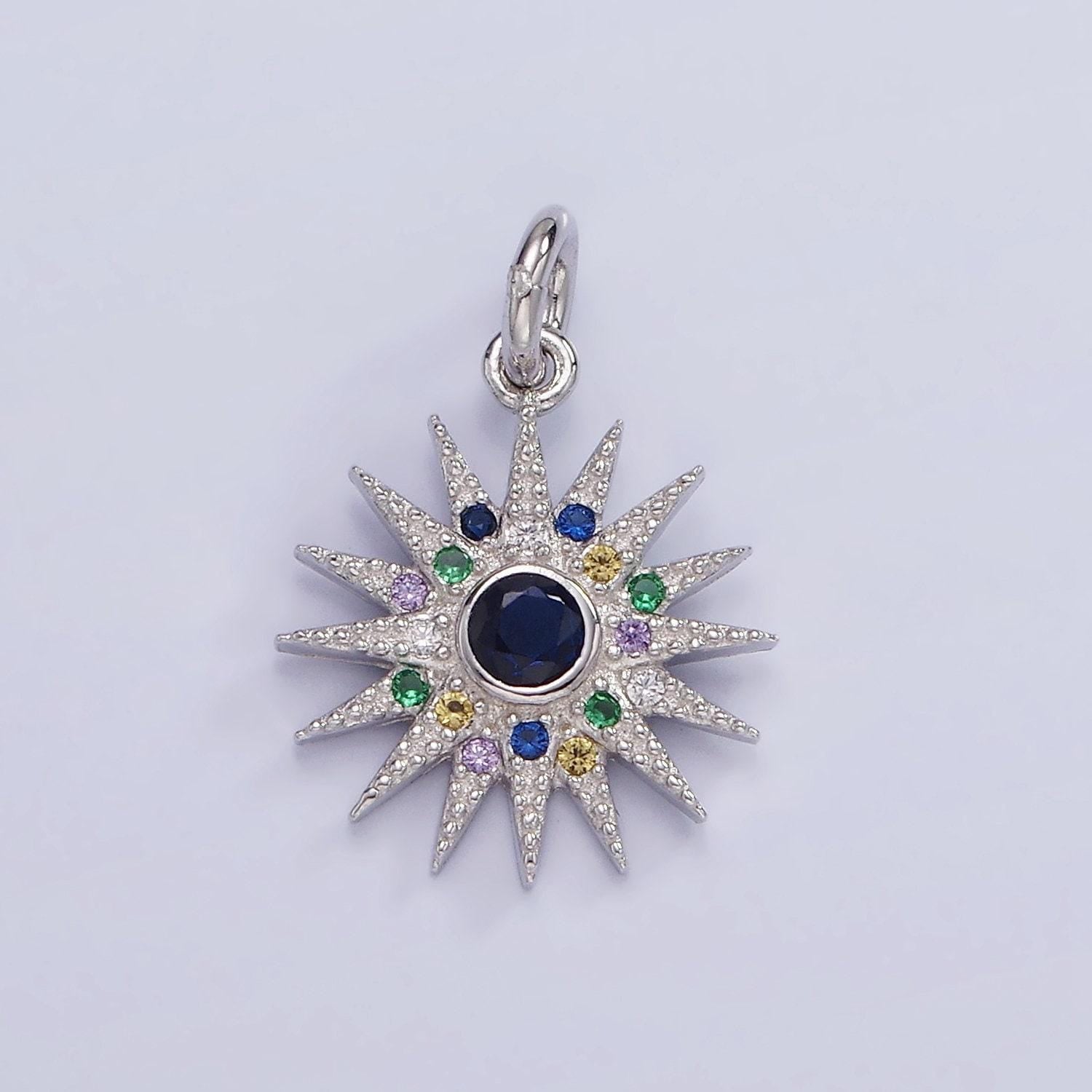 S925 sterling silver 13mm sunburst charm with colorful cz stone | sl-480