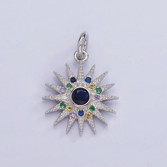 S925 sterling silver 13mm sunburst charm with colorful cz stone | sl-480