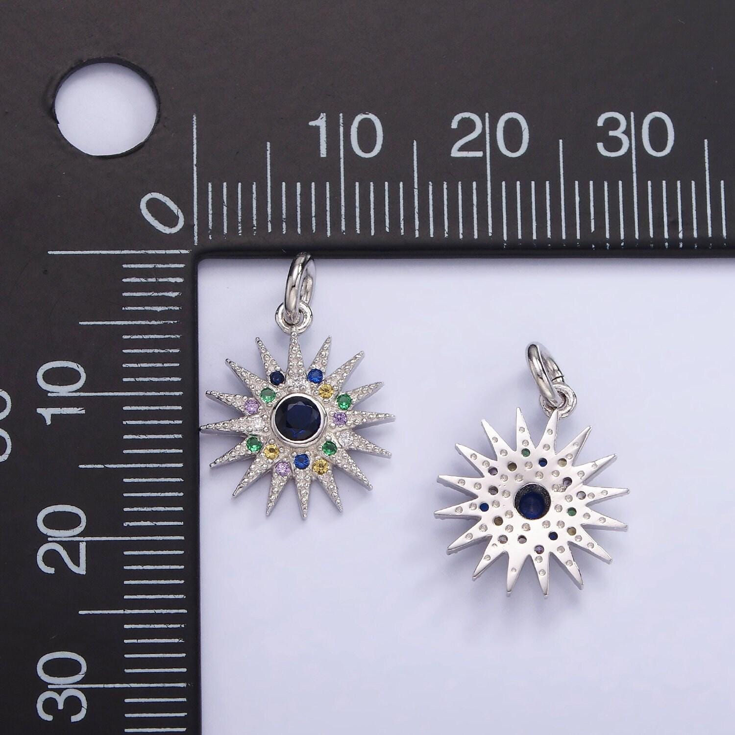 S925 sterling silver 13mm sunburst charm with colorful cz stone | sl-480