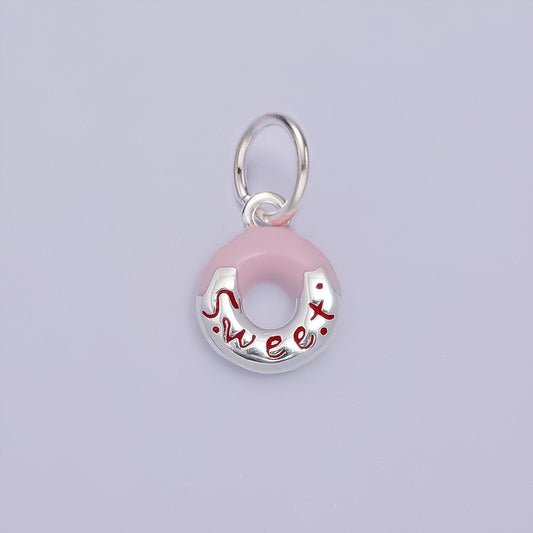 Mini sterling silver donut charm enamel pastel pink frosting sweet treat junk food add on charm foodie inspired sl427