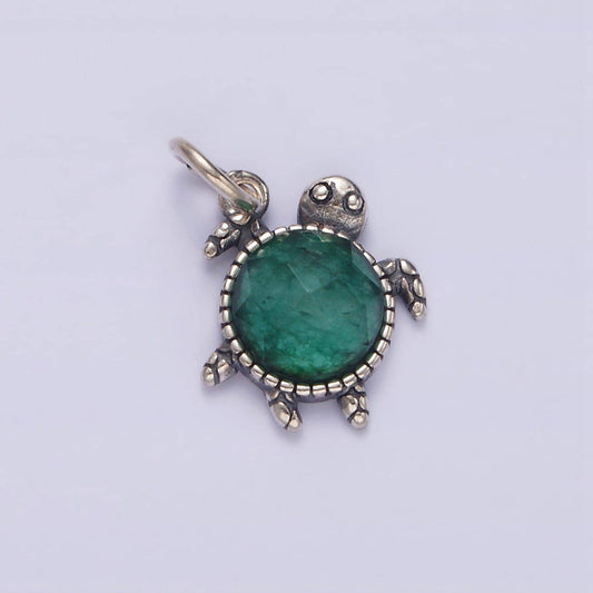 S925 sterling silver round green multifaceted cz turtle shell animal charm | sl-353