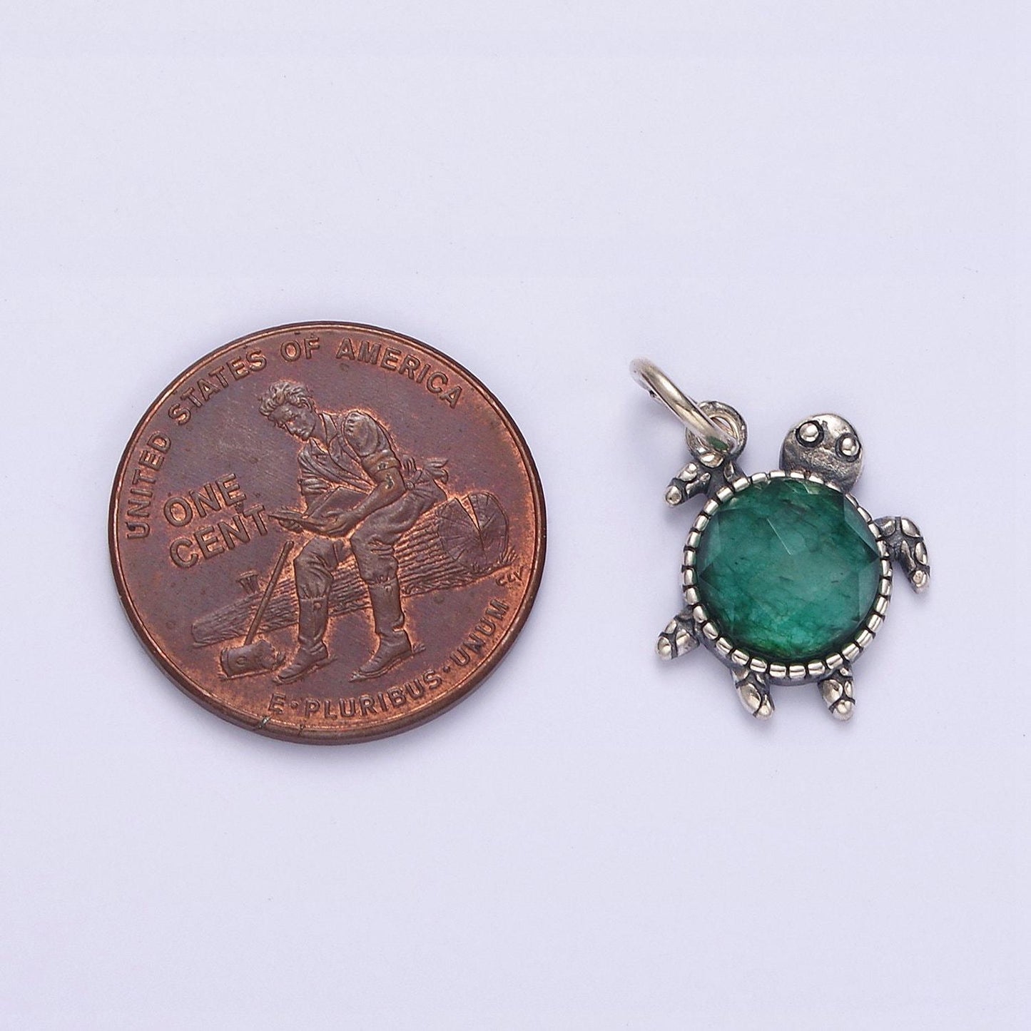 S925 sterling silver round green multifaceted cz turtle shell animal charm | sl-353