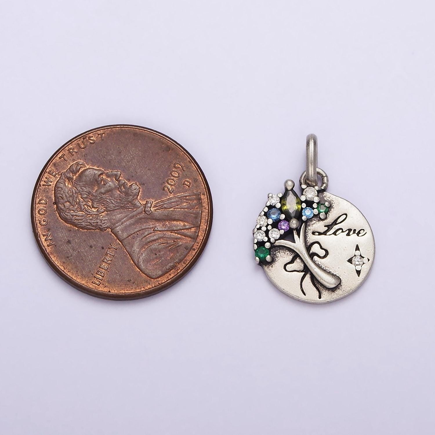 Dainty coin charm with multi color cz bouquet flower in 925 sterling silver pendant sl-320