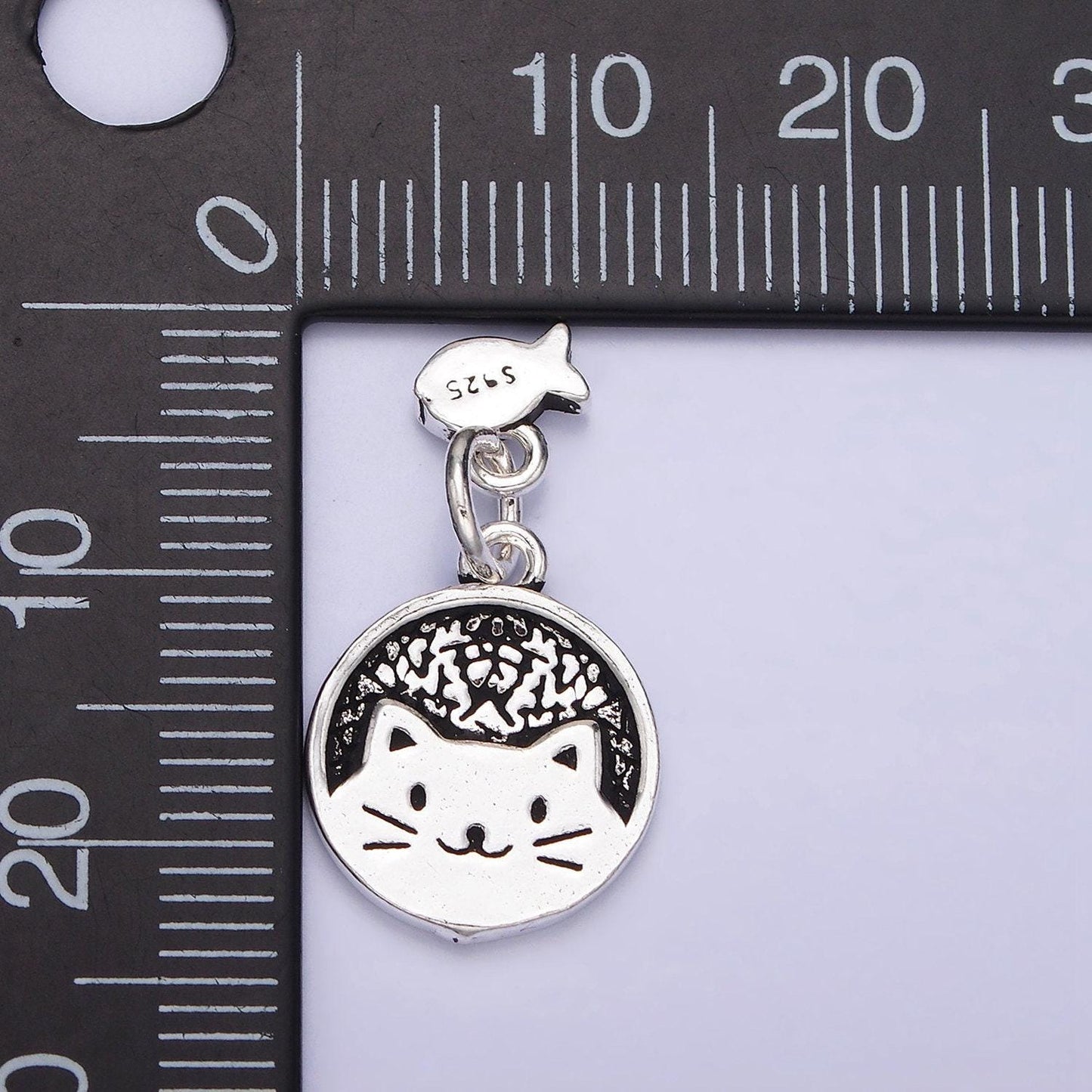 Sterling silver s925 pet kitty cat round textured mini fish drop double charm | sl-268