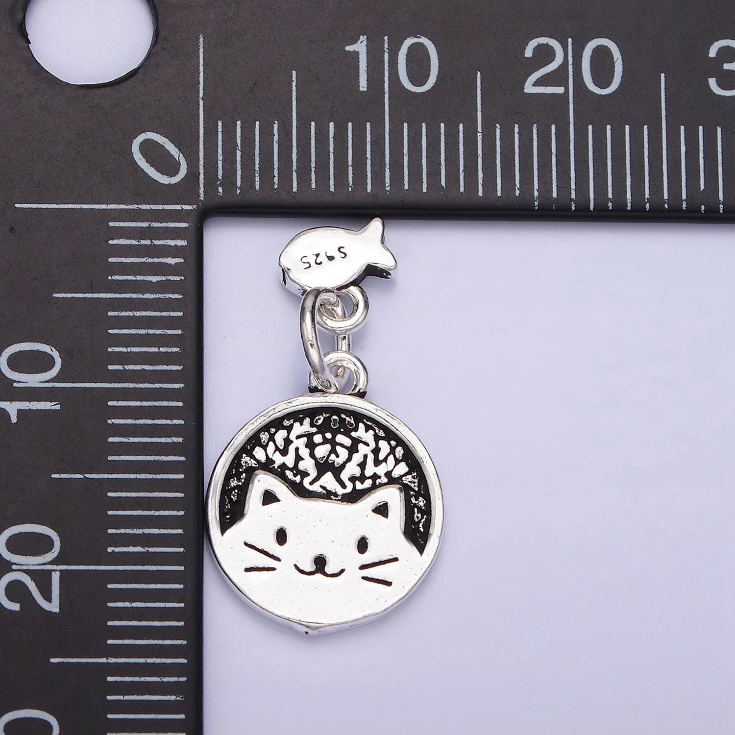 Sterling silver s925 pet kitty cat round textured mini fish drop double charm | sl-268
