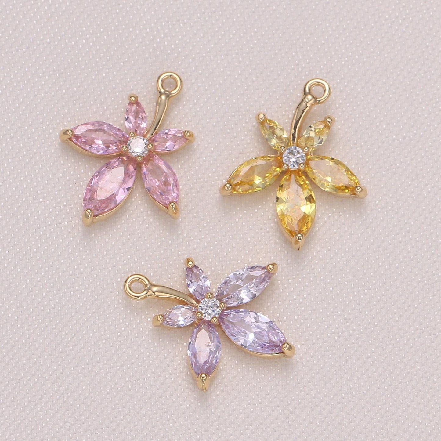 14x17mm tiny flower charm pendant, daisy petal charm necklace bracelet earring charms, floral lover pink purple yellow gold micro pave -950