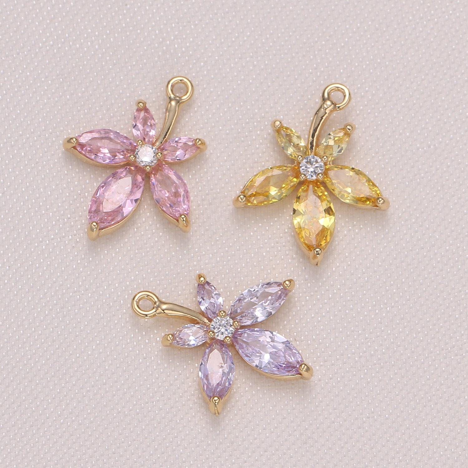 14x17mm tiny flower charm pendant, daisy petal charm necklace bracelet earring charms, floral lover pink purple yellow gold micro pave -950