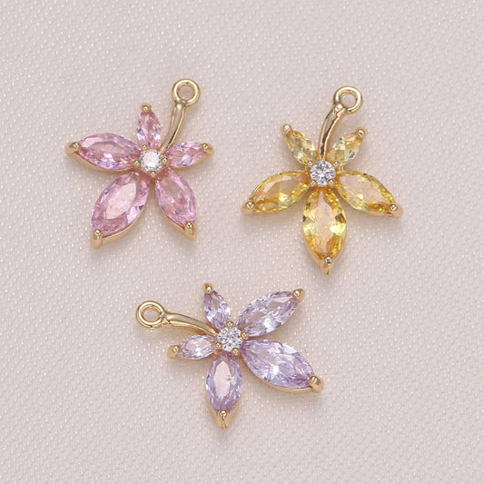14x17mm tiny flower charm pendant, daisy petal charm necklace bracelet earring charms, floral lover pink purple yellow gold micro pave -950