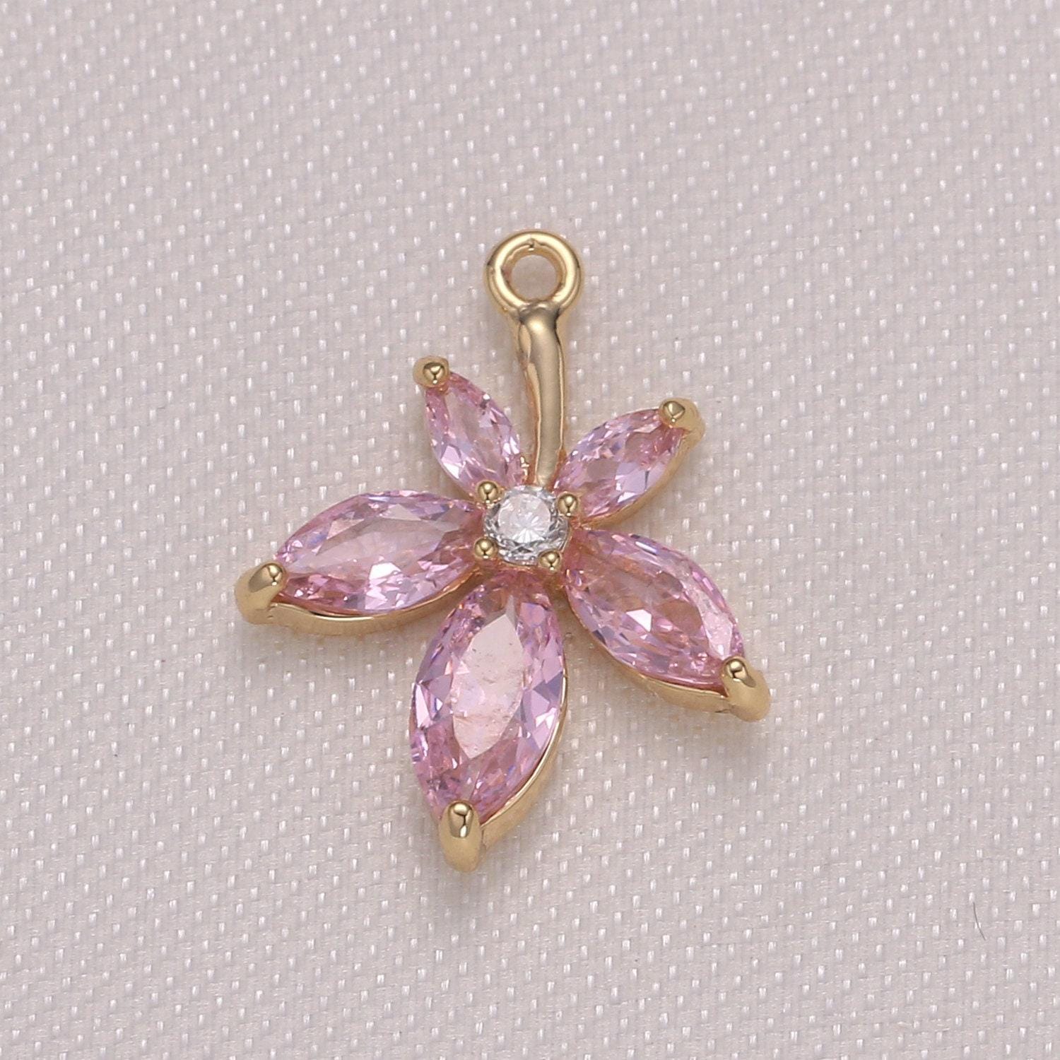 14x17mm tiny flower charm pendant, daisy petal charm necklace bracelet earring charms, floral lover pink purple yellow gold micro pave -950