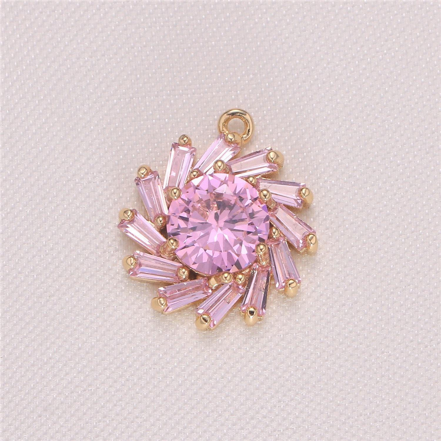 Dainty cute sun pink cubic zirconia gold plated pave cz charm pendant celestial sun ray charm bracelet necklace earring supply, 939
