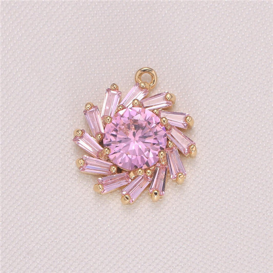 Dainty cute sun pink cubic zirconia gold plated pave cz charm pendant celestial sun ray charm bracelet necklace earring supply, 939