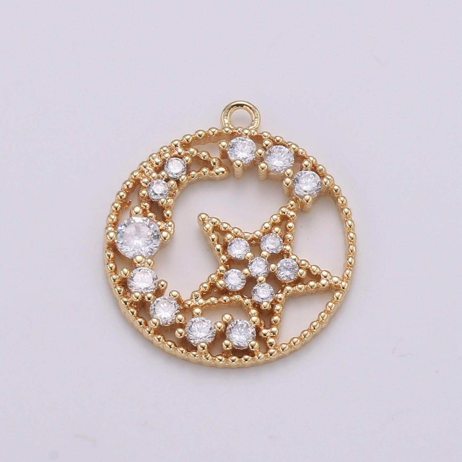 Gold moon and star medallion pendant -gold plated over brass for celestial jewelry round disc charm pendant micro pave charm -673