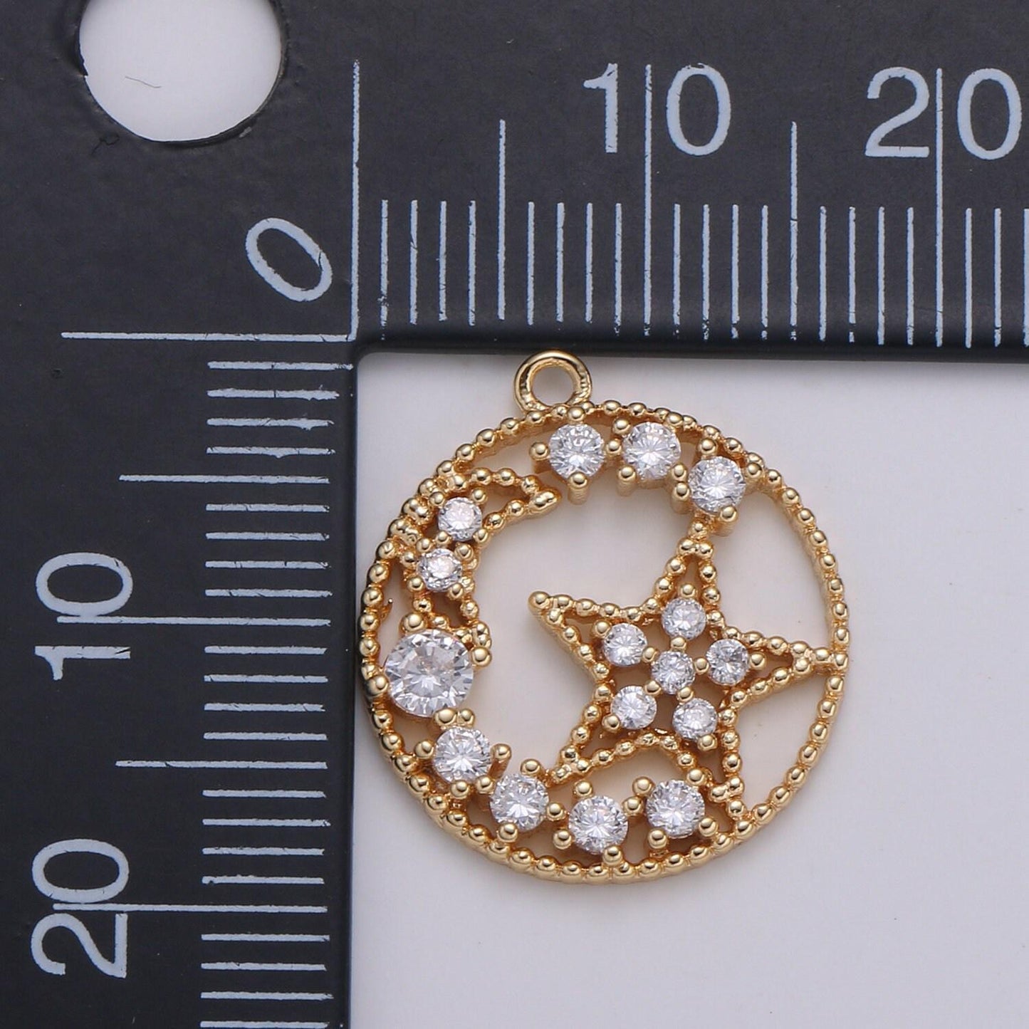 Gold moon and star medallion pendant -gold plated over brass for celestial jewelry round disc charm pendant micro pave charm -673