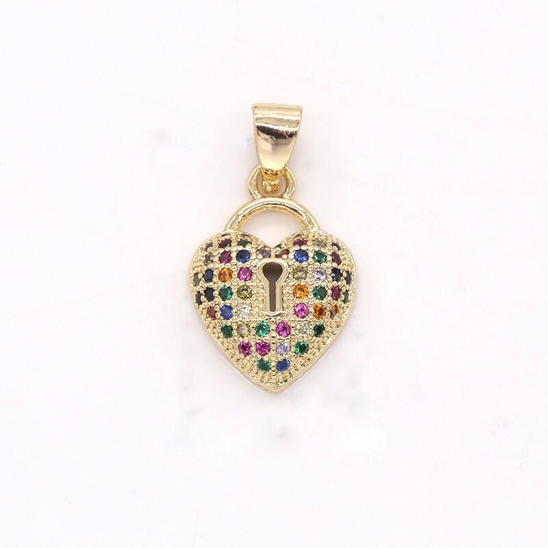 17x12mm dainty 14k gold padloack cz heart charms, colorful cubic bracelet necklace charm, micro pave lock key jewelry making -370