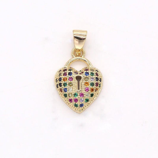 17x12mm dainty 14k gold padloack cz heart charms, colorful cubic bracelet necklace charm, micro pave lock key jewelry making -370