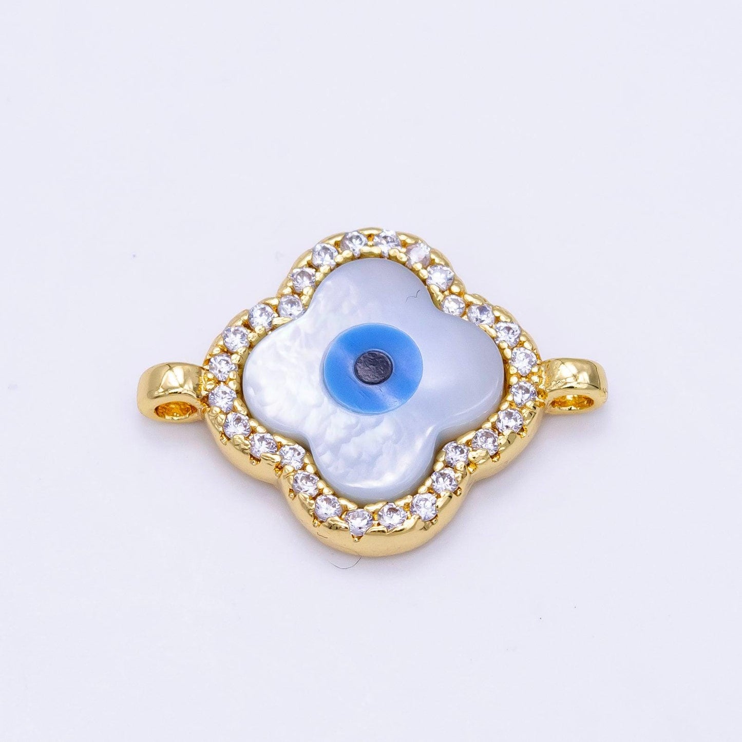Dainty micro pave clover evil eye connector cz evil eye charm connector cubic zirconia gold evil eye bracelet connector link charm gp1067