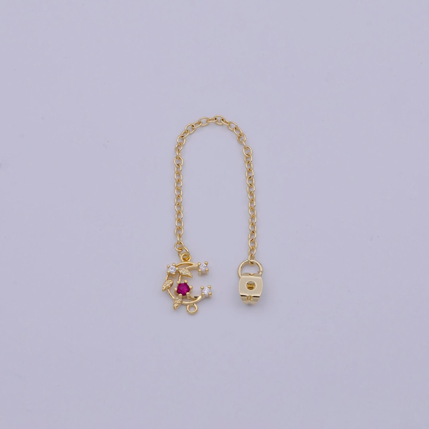 Back stopper w/ chain pink crescent moon charm 2 pcs gold filled nickel free, butterfly clutch chain dainty earring back k-187