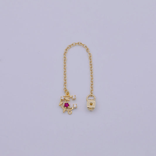 Back stopper w/ chain pink crescent moon charm 2 pcs gold filled nickel free, butterfly clutch chain dainty earring back k-187