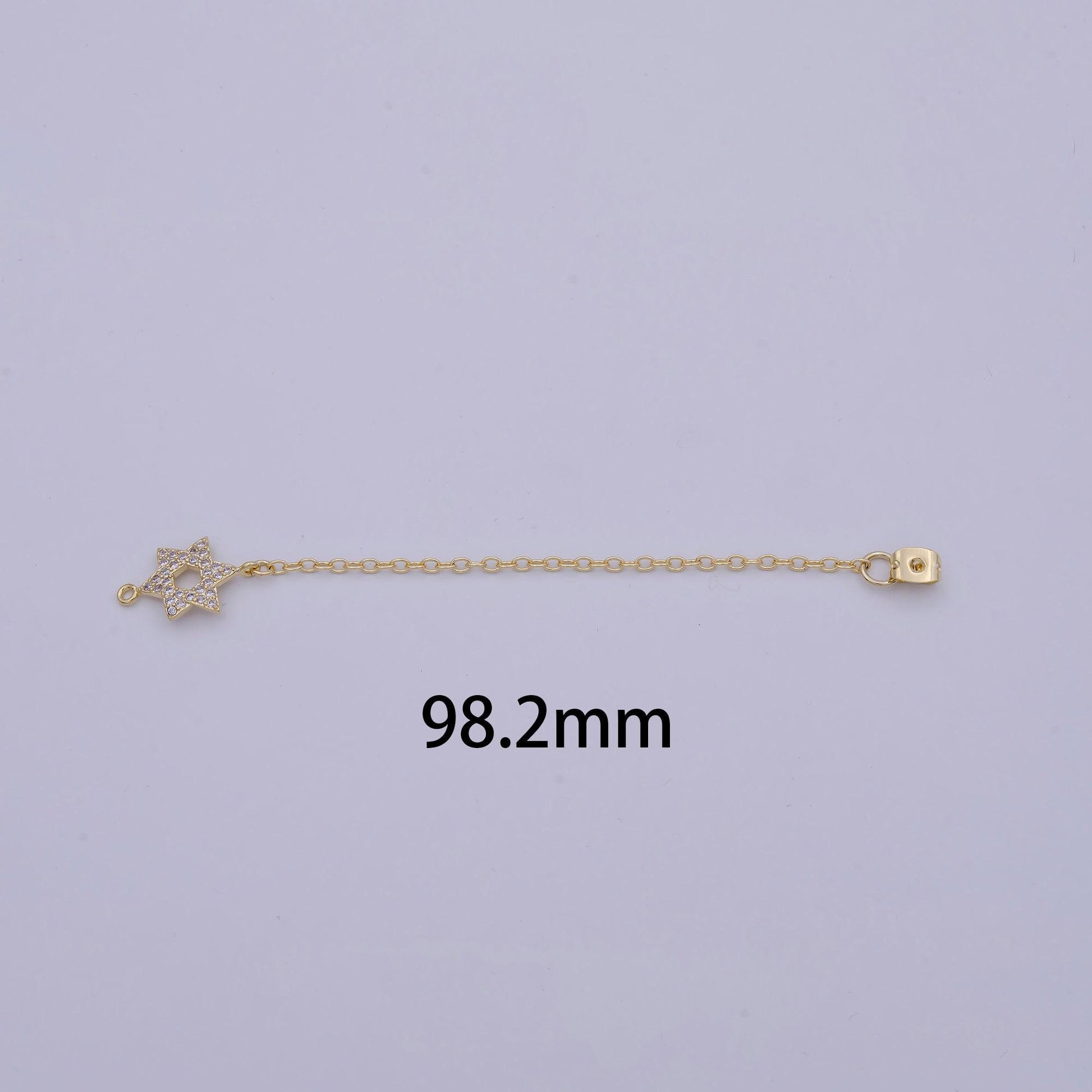 Back stopper w/ chain cz star of david charm 2 pcs gold filled nickel free, butterfly clutch chain dainty earring back k-188