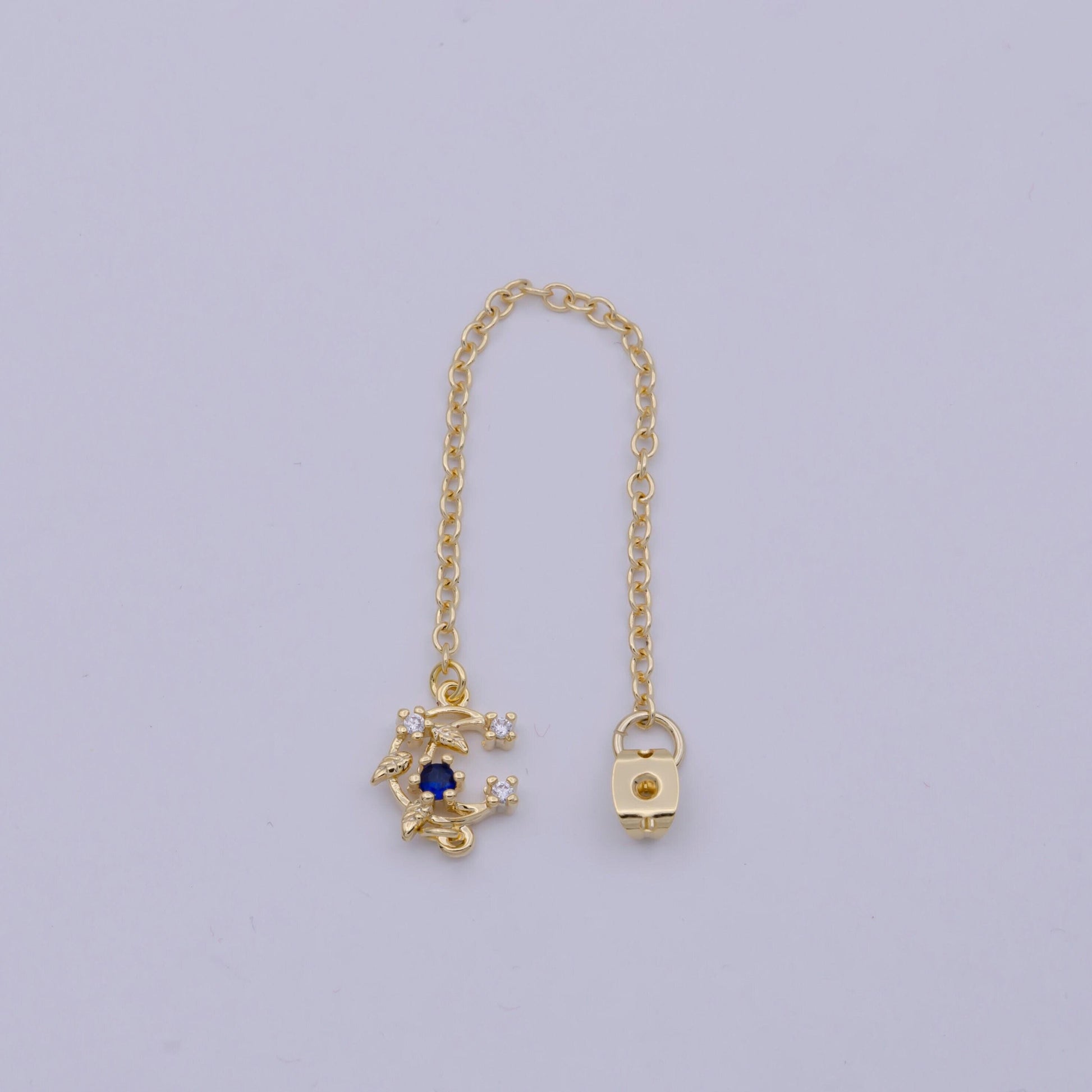 Back stopper w/ chain blue crescent moon charm 2 pcs gold filled nickel free, butterfly clutch chain dainty earring back k-186