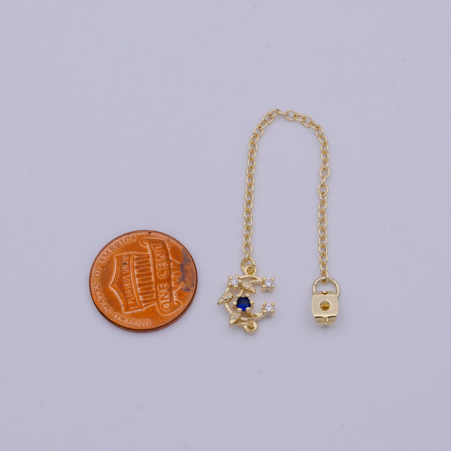 Back stopper w/ chain blue crescent moon charm 2 pcs gold filled nickel free, butterfly clutch chain dainty earring back k-186
