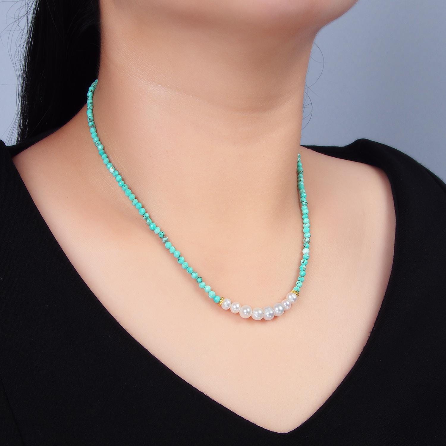 Turquoise freshwater pearl 14k gold filled beaded necklace | wa-2650