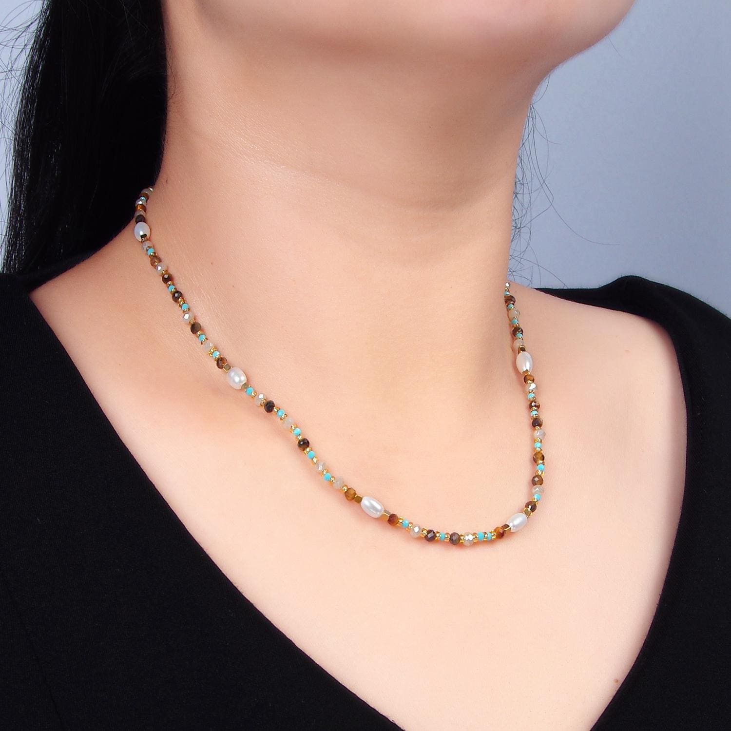 Tiger eye pearl turquoise 14k gold filled beaded necklace | wa-2646