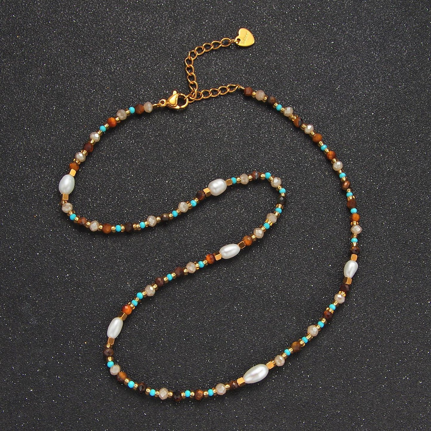 Tiger eye pearl turquoise 14k gold filled beaded necklace | wa-2646