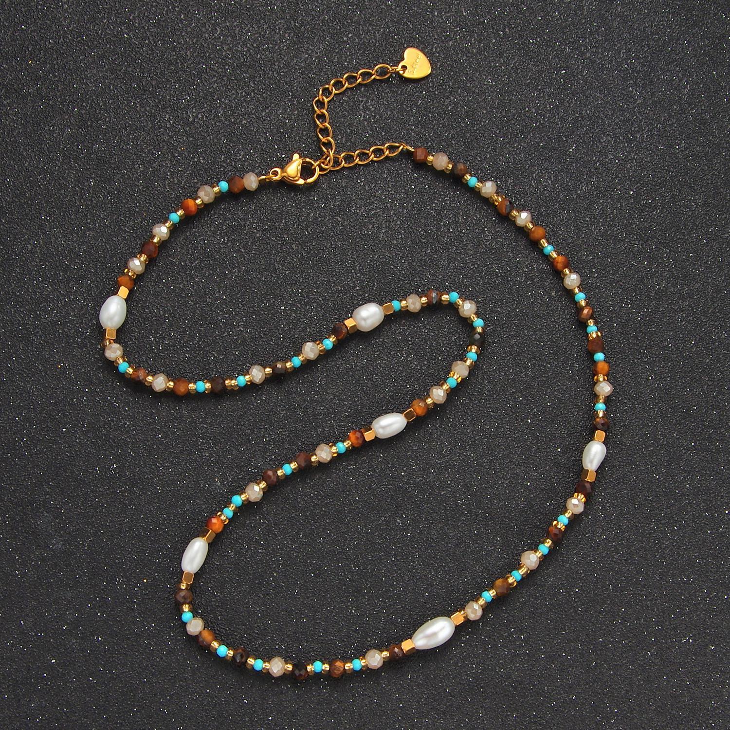 Tiger eye pearl turquoise 14k gold filled beaded necklace | wa-2646