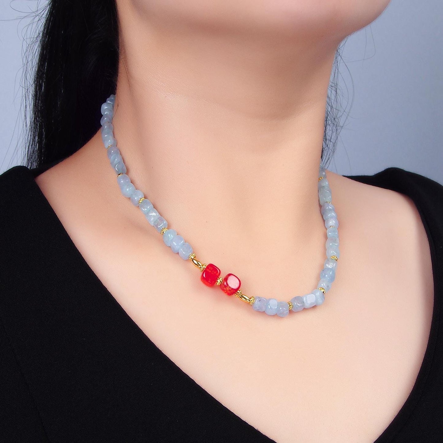 Carnelian aquamarine 14k gold filled beaded necklace Handmade 15.5 inch Necklace | wa-2645