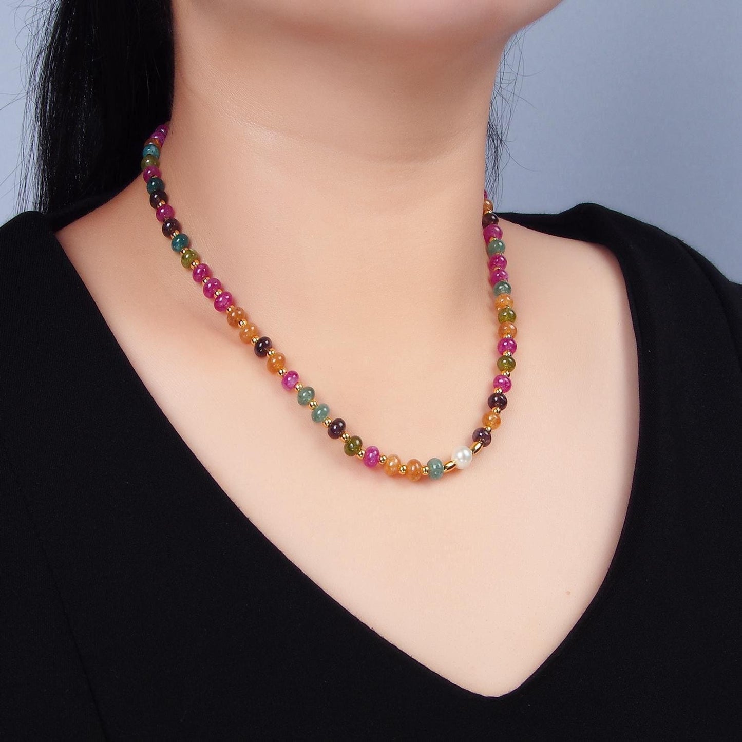 Multi Color rondelle stones Colorful Candy Gemstone Beads handmade necklace 16.15 inch + 2 inch extender | WA-2644