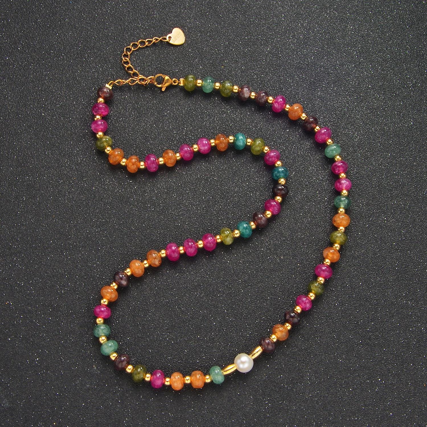 Multi Color rondelle stones Colorful Candy Gemstone Beads handmade necklace 16.15 inch + 2 inch extender | WA-2644