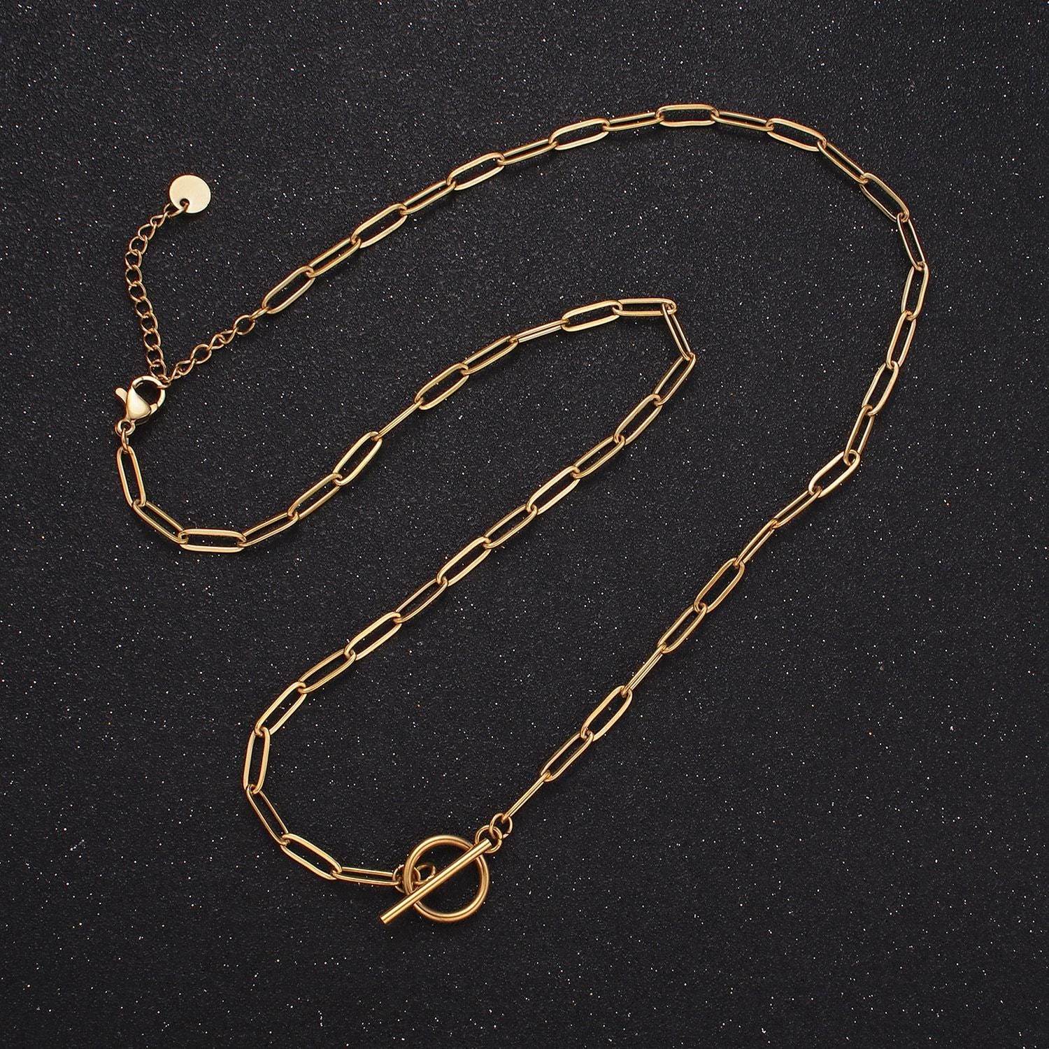 Dainty stainless steel paper clip chain necklace gold elongated necklace cable link chain 19 inch ready to wear necklace tarnish free wa2492