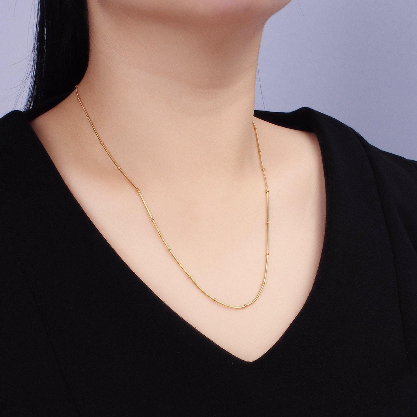 Gold stainless steel 0.8mm satellite snake 18 inch layering herringbone chain necklace | wa-2484