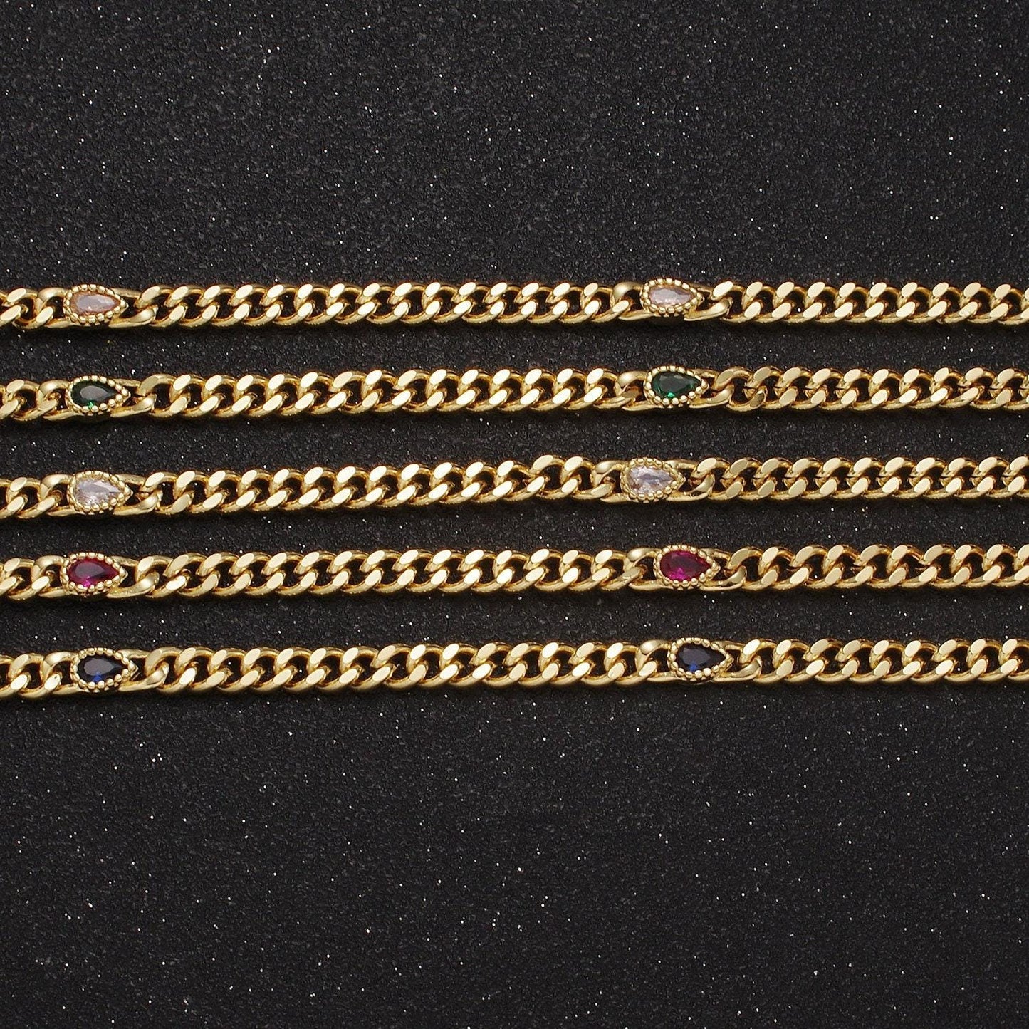 24k gold filled unfinished flat curb chain with crystal cubic zirconia cz teardrop stone by meter