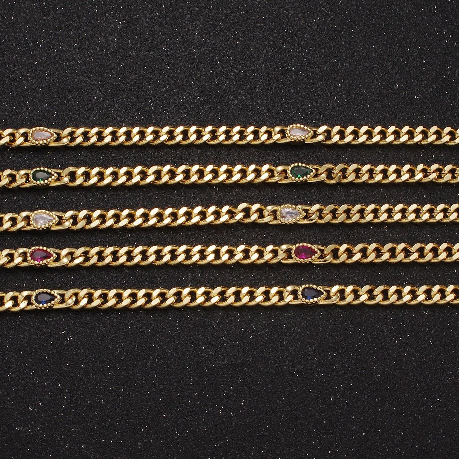 24k gold filled unfinished flat curb chain with crystal cubic zirconia cz teardrop stone by meter