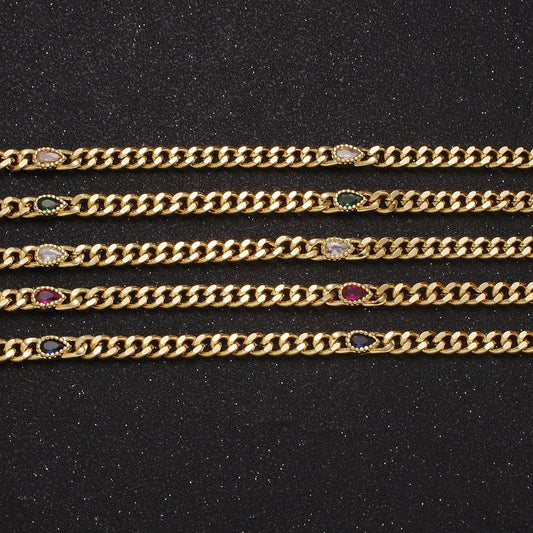 24k gold filled unfinished flat curb chain with crystal cubic zirconia cz teardrop stone by meter