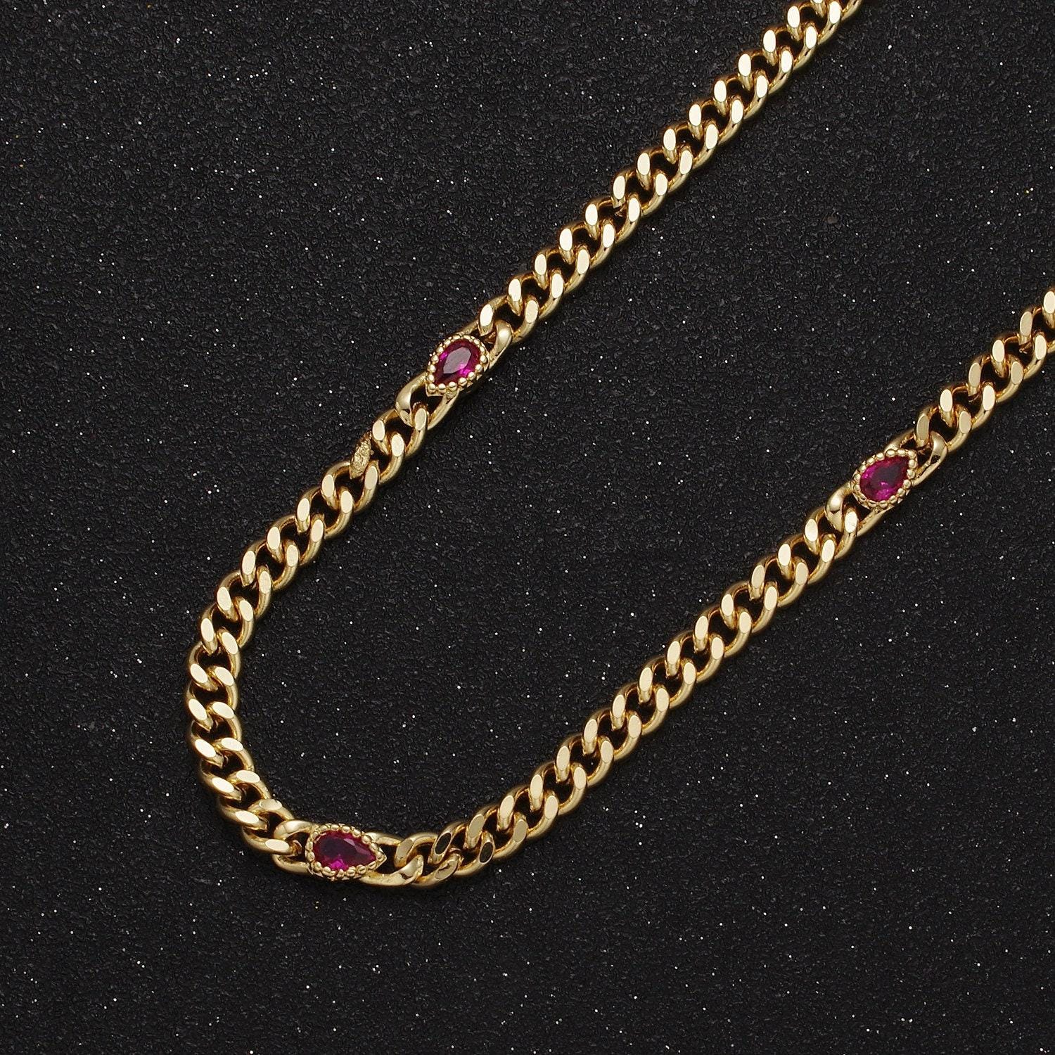 24k gold filled unfinished flat curb chain with crystal cubic zirconia cz teardrop stone by meter