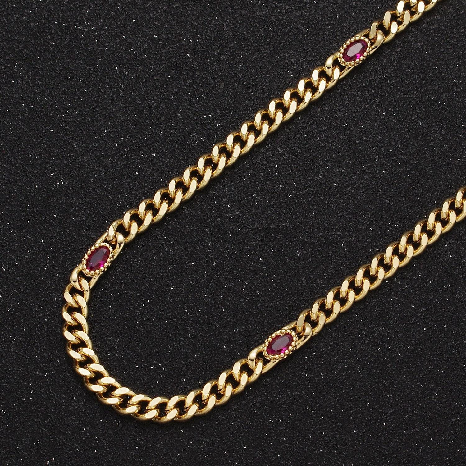 24k gold filled unfinished flat curb chain with crystal cubic zirconia cz oval stone by meter