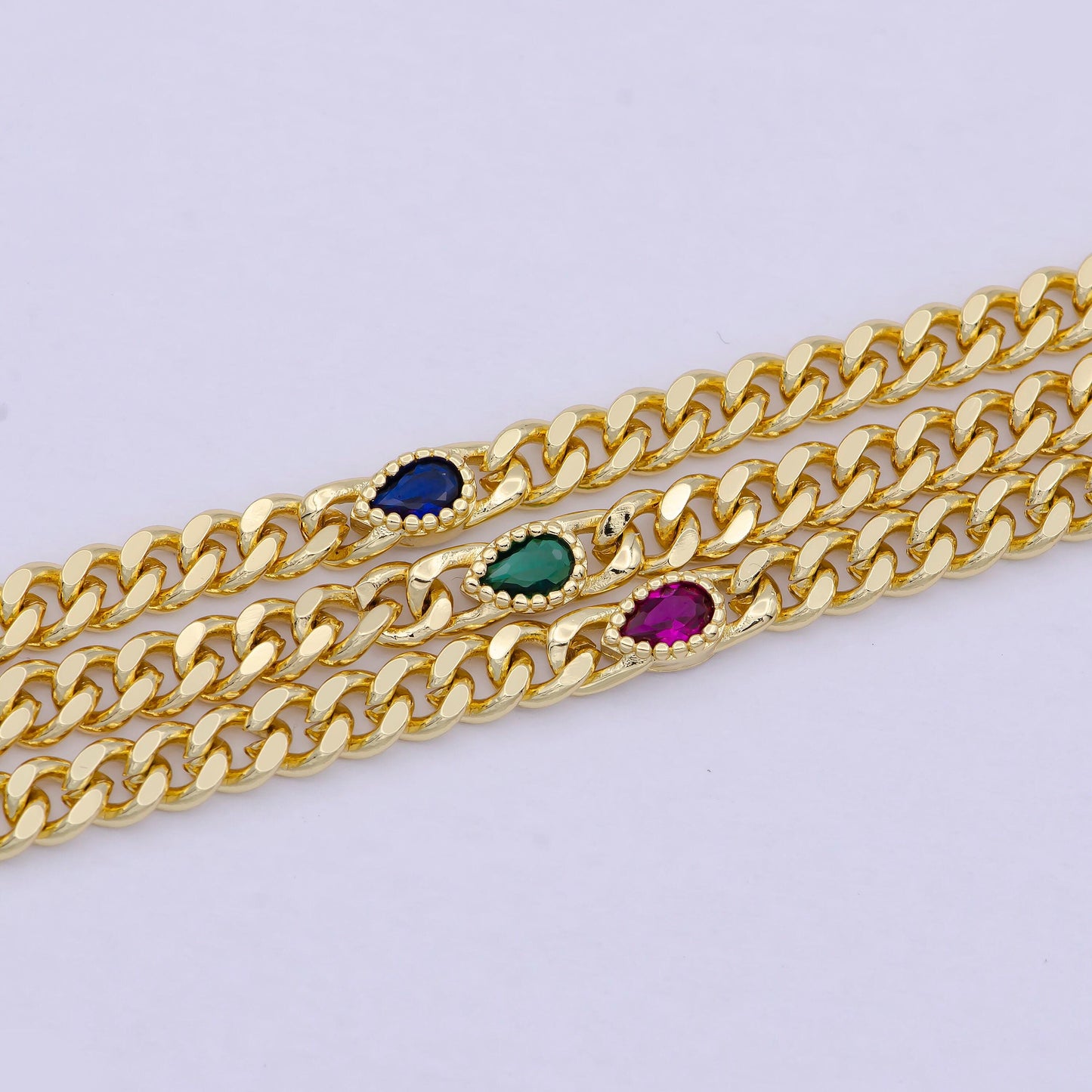 24k gold filled unfinished flat curb chain with crystal cubic zirconia cz teardrop stone by meter