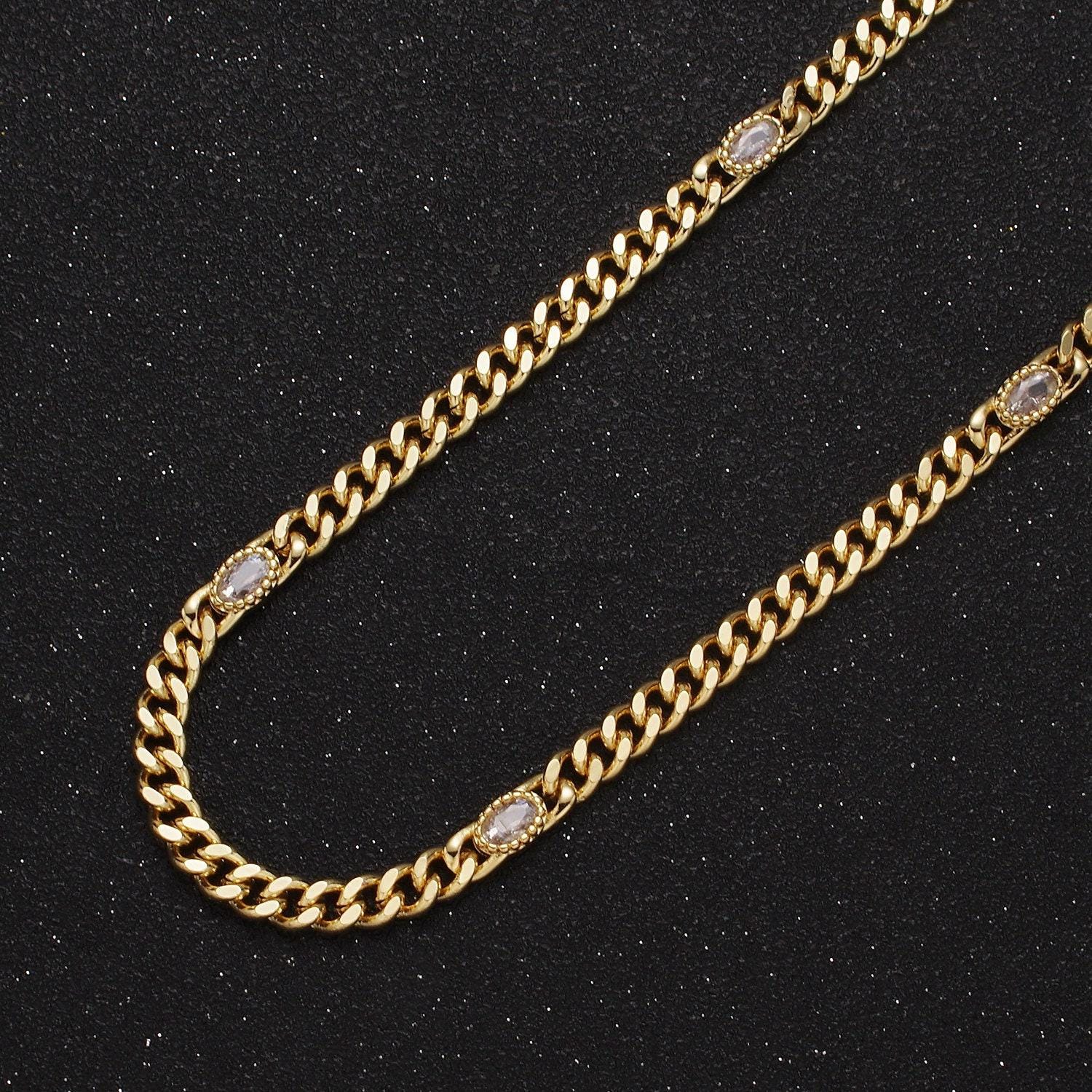 24k gold filled unfinished flat curb chain with crystal cubic zirconia cz oval stone by meter